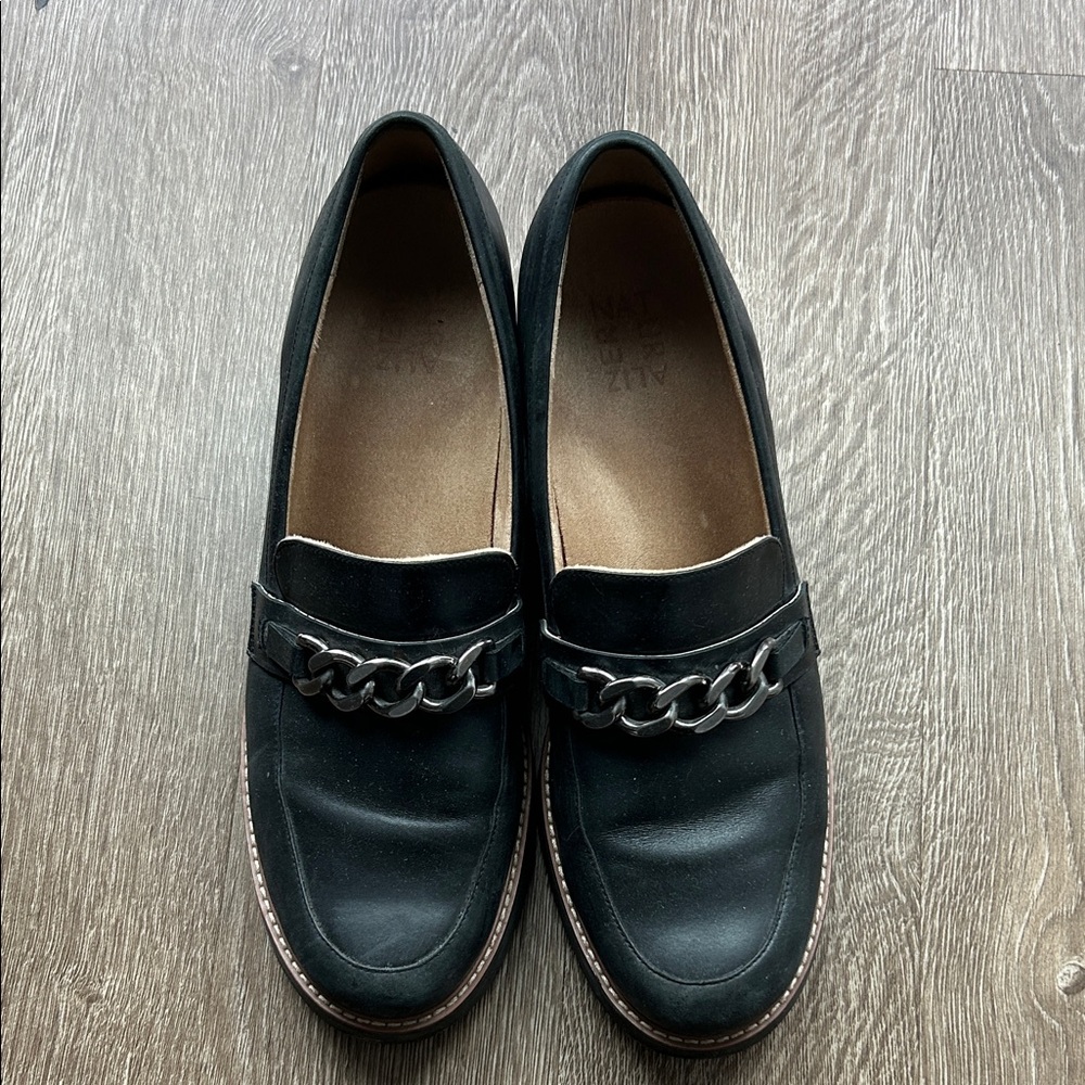 Naturalizer Black Lug Loafers with Chain Detail